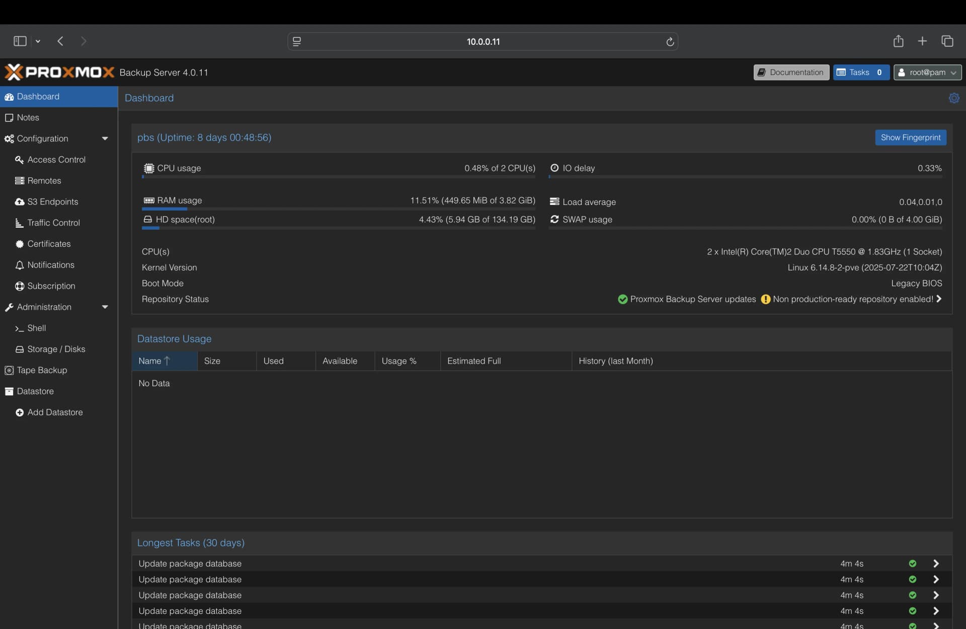 Proxmox Backup Server dashboard